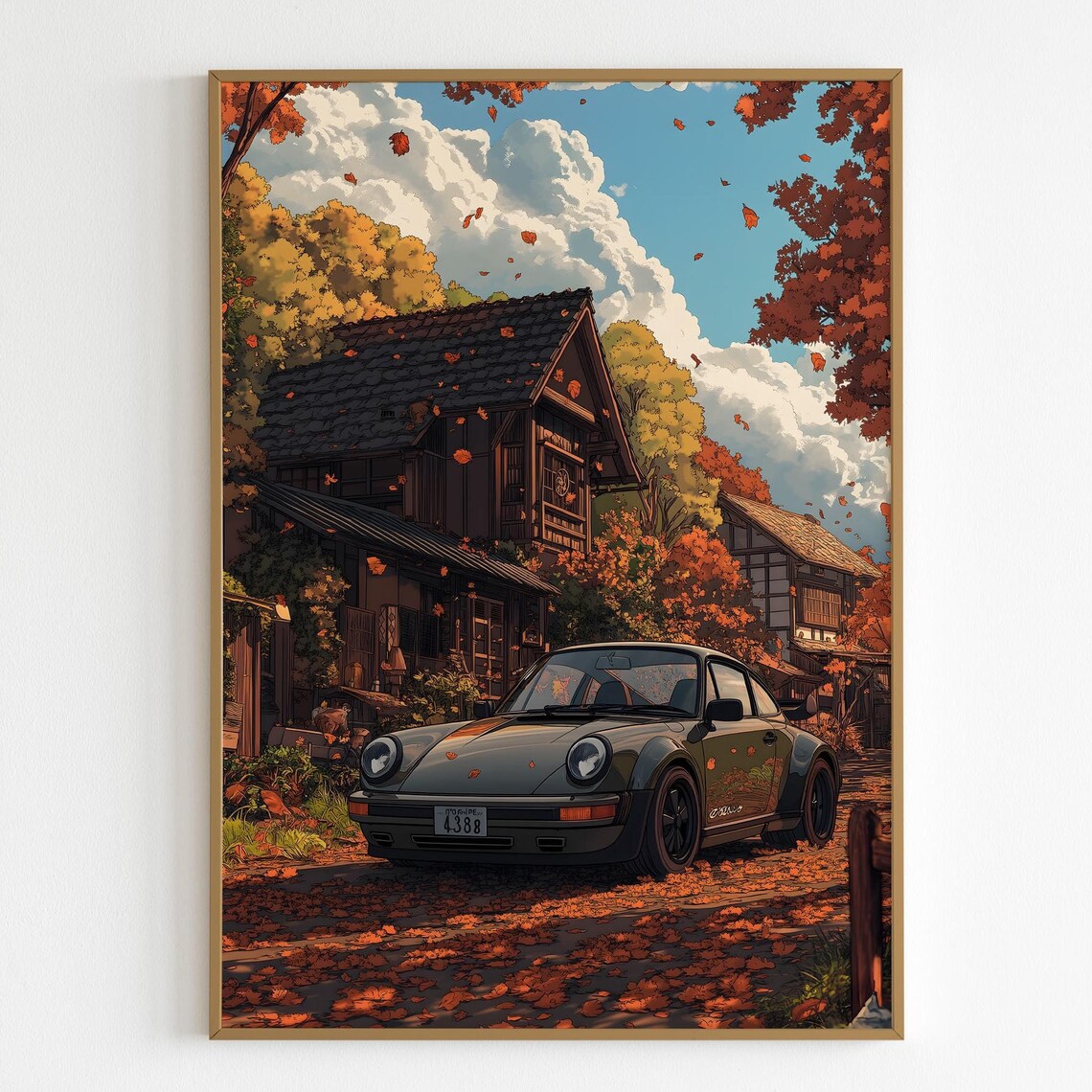 Anime Porsche 911 Japanese Countryside Autumn Leaves Art Poster