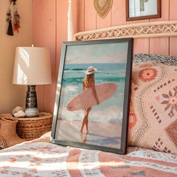 Surfer Girl With Pink Board On Ocean Shore