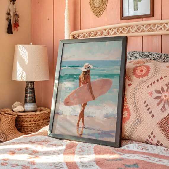 Surfer Girl With Pink Surfboard Walking On The Beach Art Poster