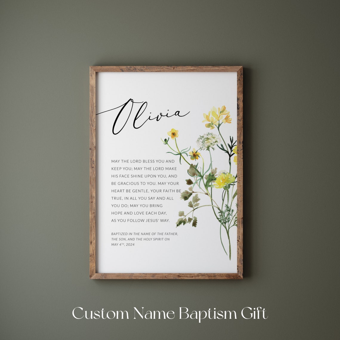 Personalized Baptism Print Custom Name Baby Blessing Wildflower Art