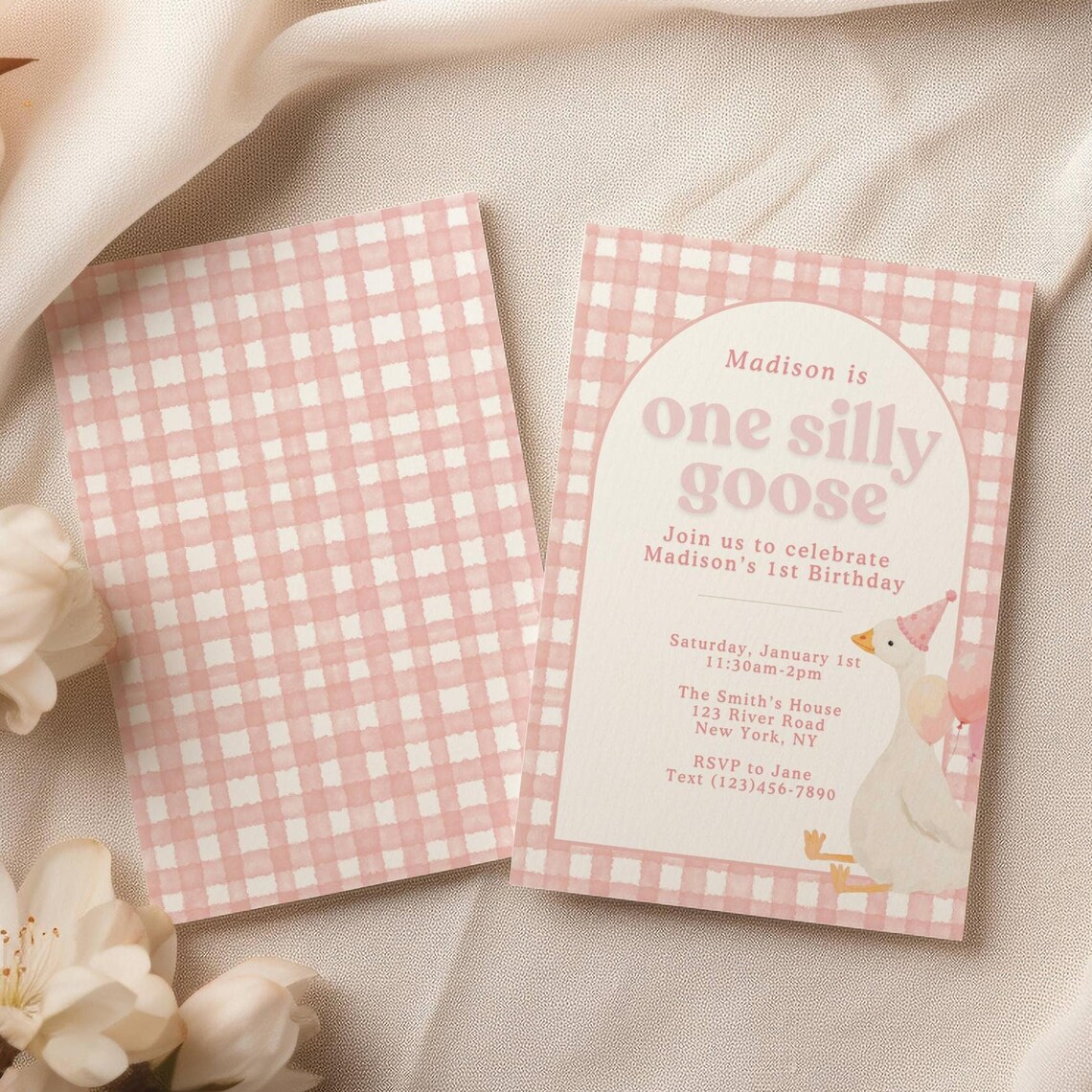 One Silly Goose Pink Gingham First Birthday Invitation Girl Party Print