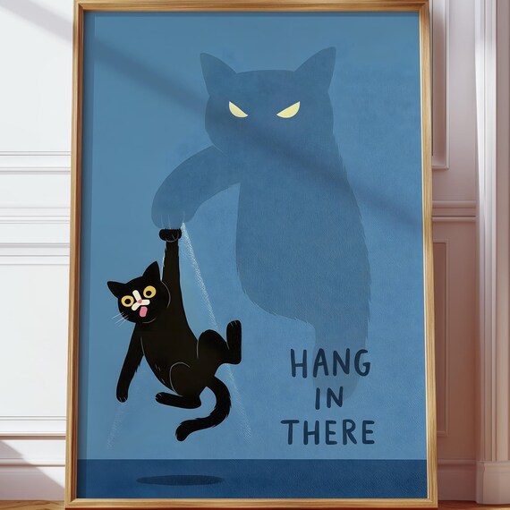 Hang In There Cute Dangling Black Cat Funny Motivation Poster