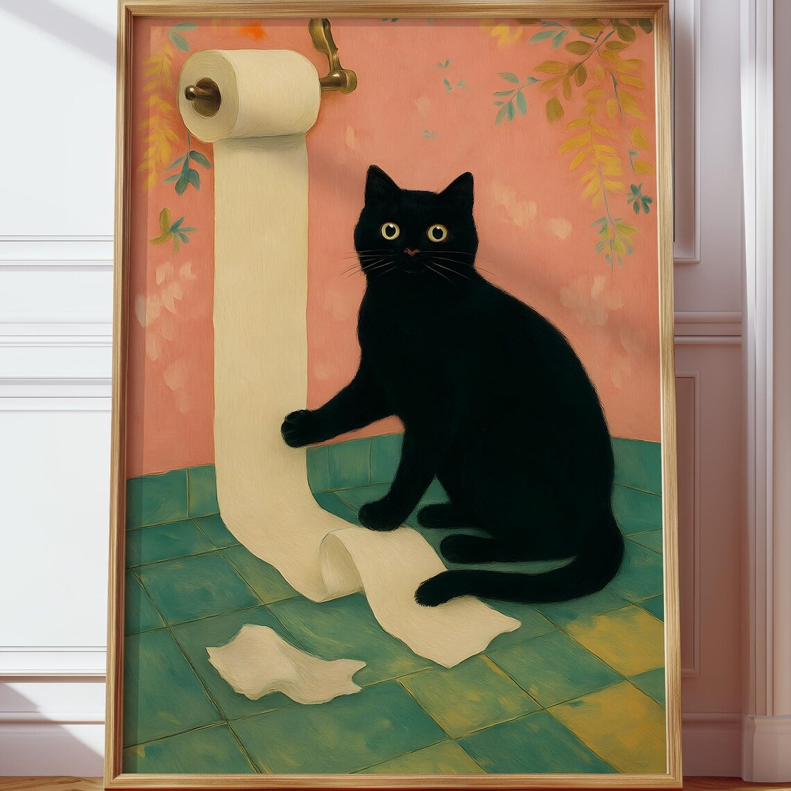 Black Cat Bathroom Humor Art Print, Playful Decor