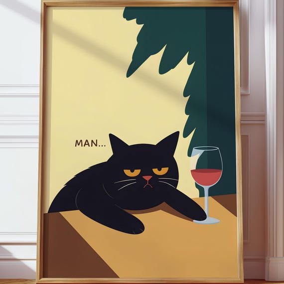 Moody Black Cat Wine Lover Wall Art Alcoholic Pop Dopamine Decor Kitchen