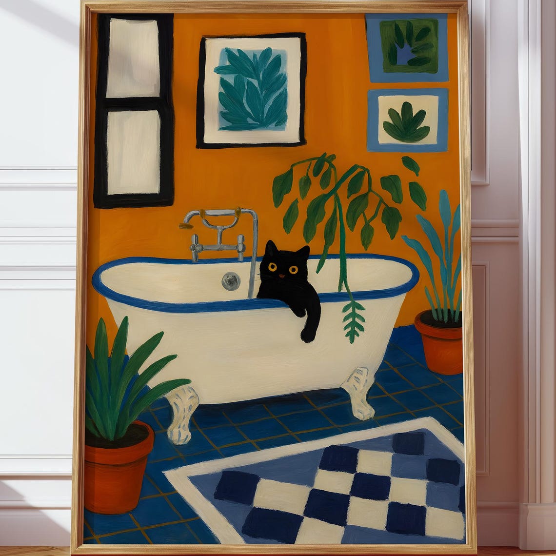 Black Cat in Bathtub Funny Bathroom Plants Colorful Art Poster