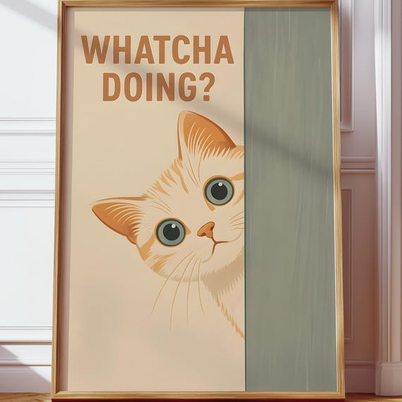 Orange Tabby Cat Funny Wall Art Curious Bathroom Decor Ginger Print Minimalist