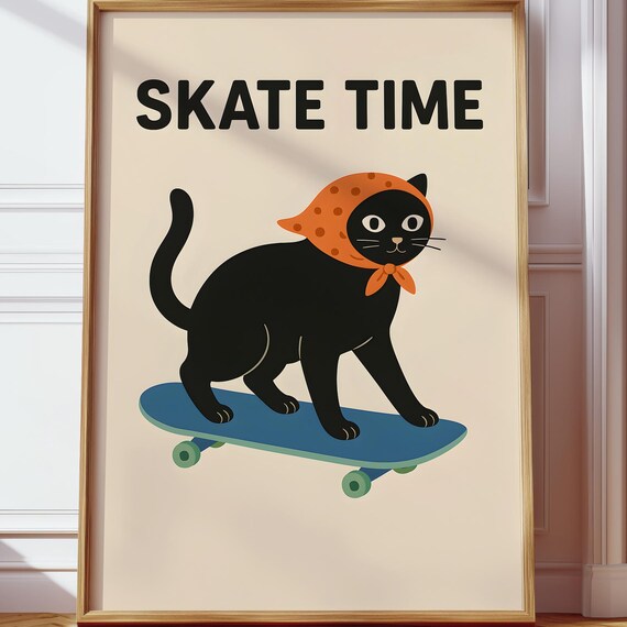 Skate Time Cool Black Cat Riding Skateboard Retro Fun Poster