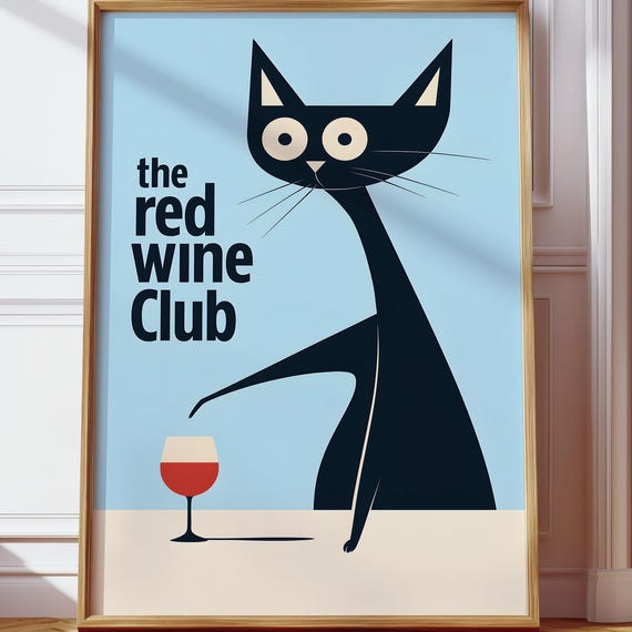 The Red Wine Club Lover Wall Art Kitchen Cat Funny Decor Minimalist Print