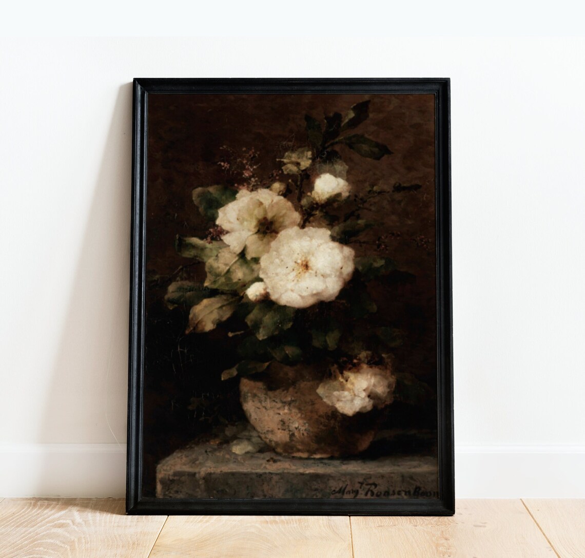 Antique White Rose Still Life Oil Painting Dark Floral Poster
