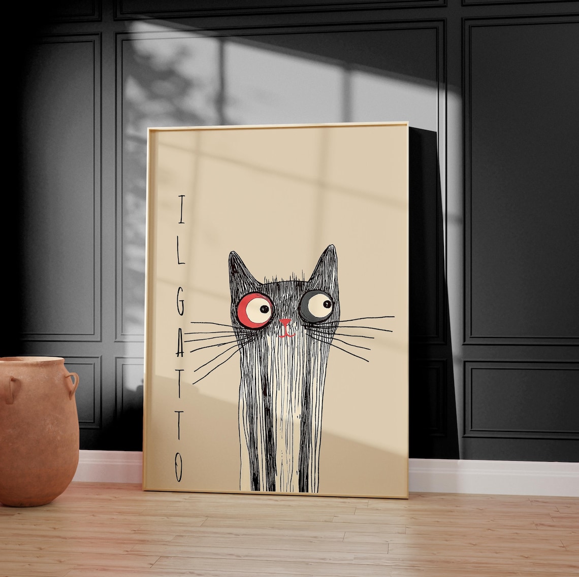 Quirky IL GATTO Black Cat Poster Funny Whimsical Feline Sketch
