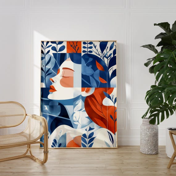 Blue And White Woman Art Poster Abstract Redhead Portrait
