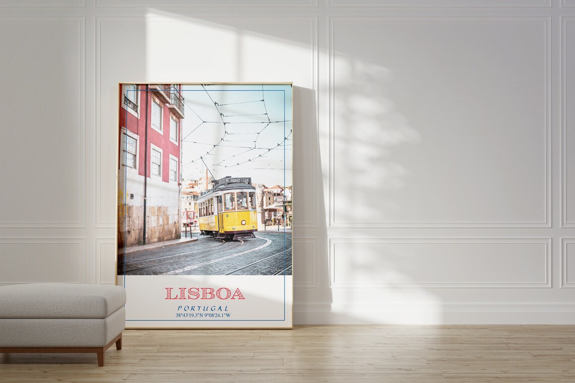 Lisboa Portugal Yellow Tram Street Photo Vintage Travel Coordinates Poster