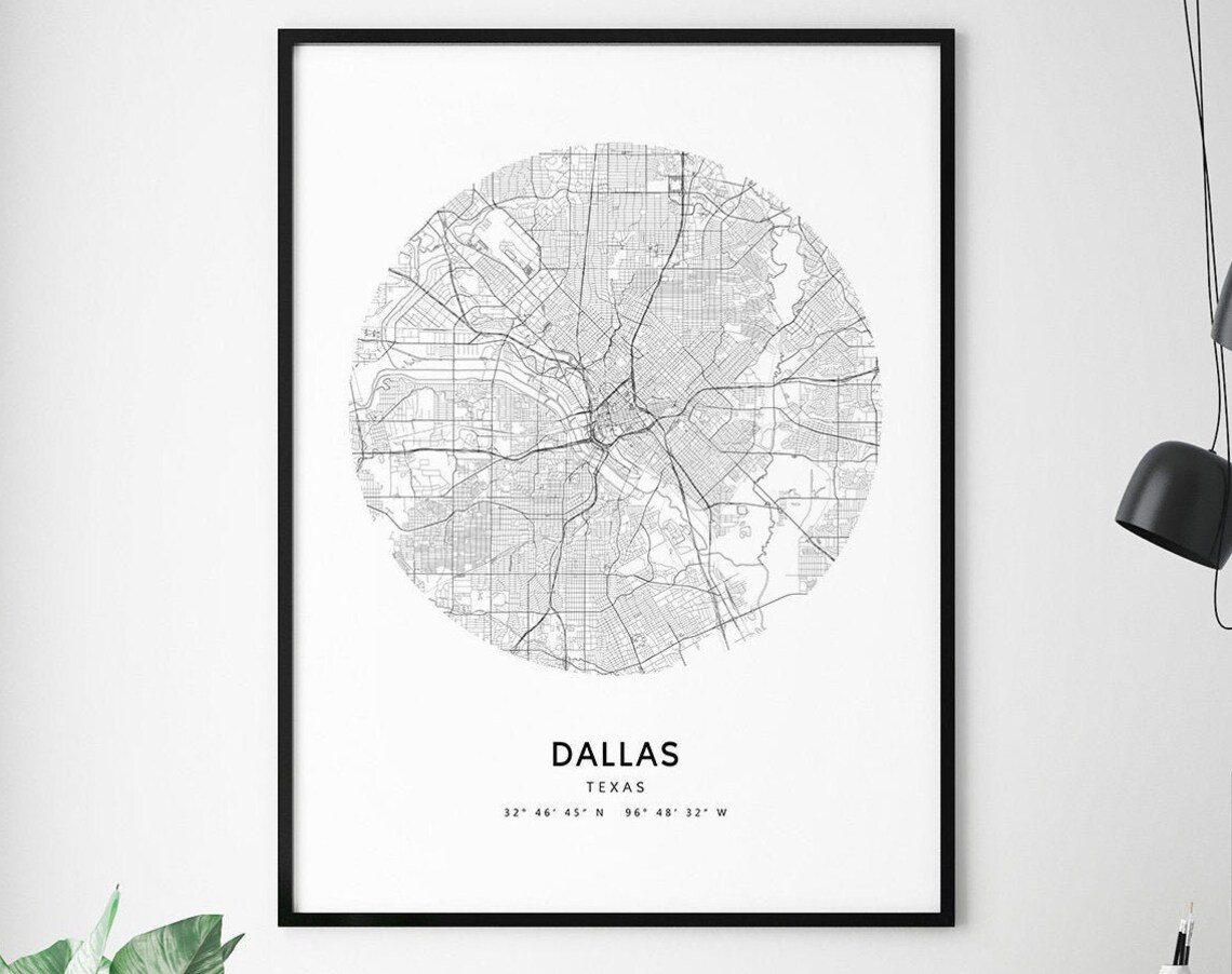 Dallas Texas Circular Street Map Black White Minimalist Poster