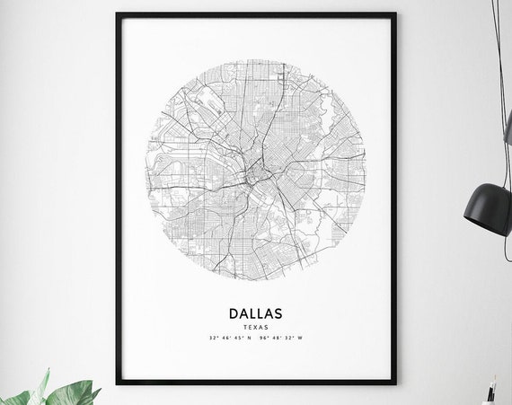 Dallas Map Print Texas Usa Art Poster City Street Road Modern Minimalist Home Office Decor Wall