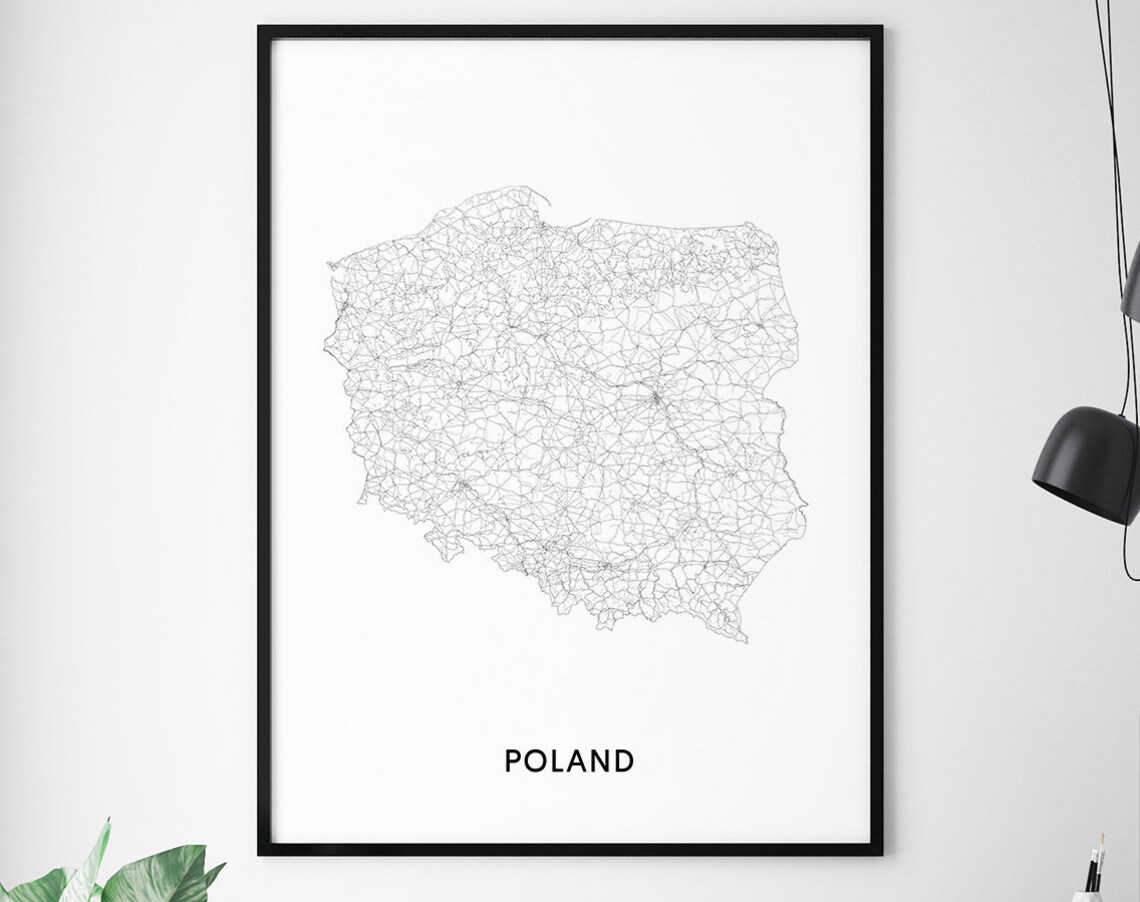 Poland Country Road Map Poster Minimalist Black White Line Art