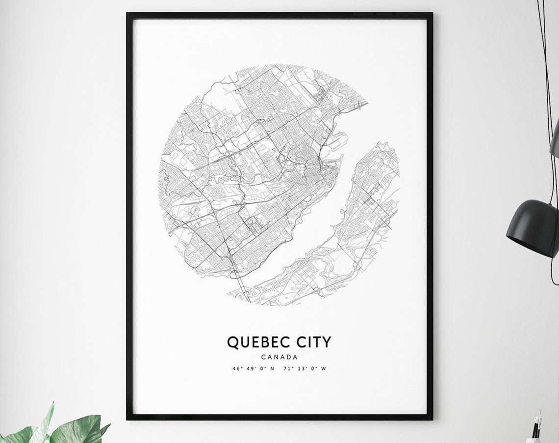 Quebec City Canada Circular Street Map Black White Minimalist Poster