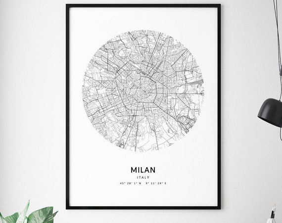 Milan Map Print Italy Art Poster City Street Road Black White Modern Minimalist Office Decor Wall