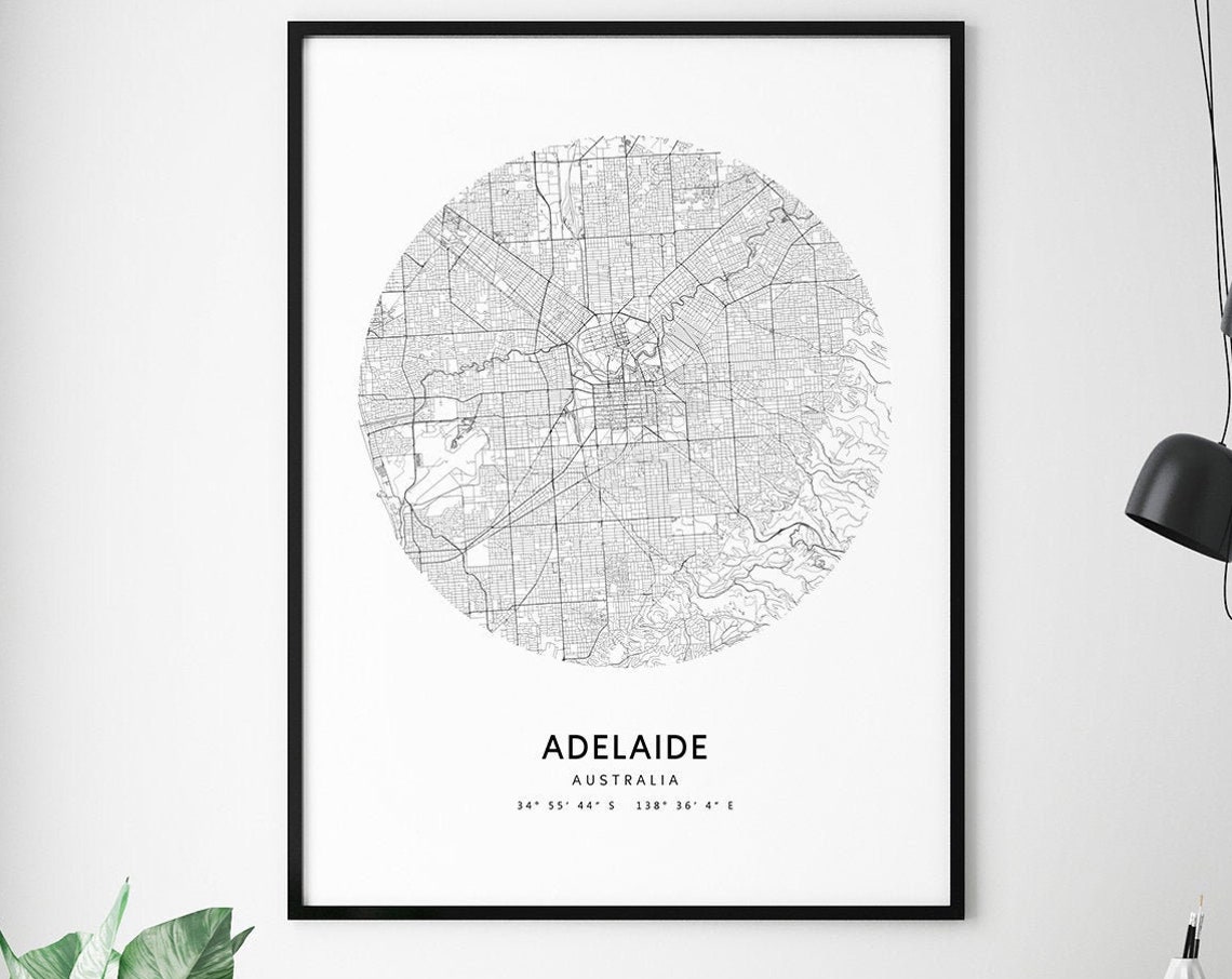 Adelaide Map Print Australia Art Poster City Street Road Modern Minimalist Home Office Decor Wall