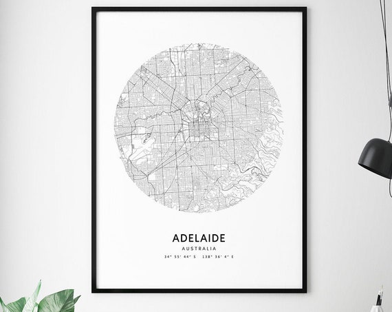 Adelaide Map Print Australia Art Poster City Street Road Modern Minimalist Home Office Decor Wall