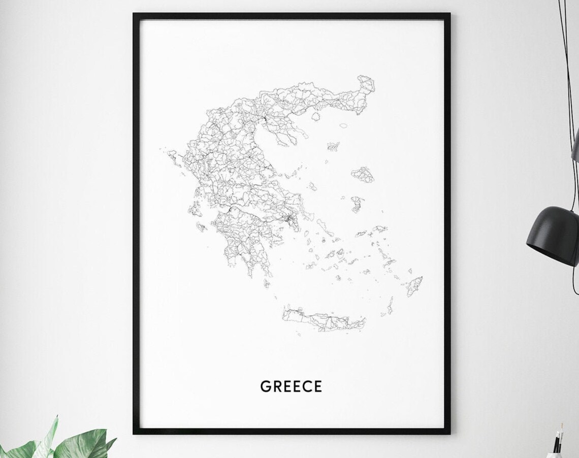 Greece Map Print, Black and White Modern Poster
