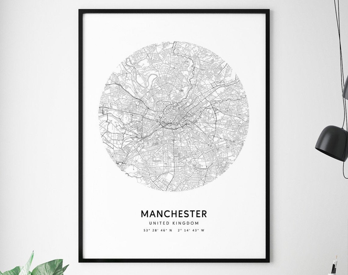 Manchester United Kingdom Circular Street Map Black Framed Poster