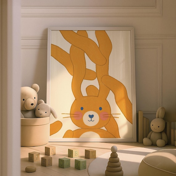 Cute Orange Bunny Long Ears Whimsical Nursery Kids Room Art Poster