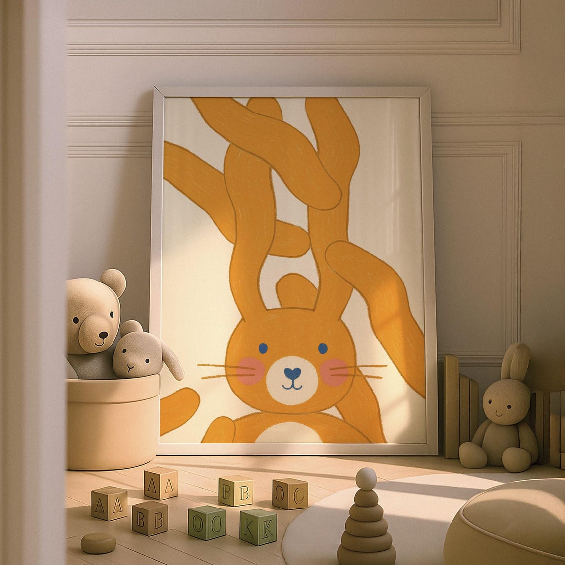 Cute Orange Bunny Long Ears Whimsical Nursery Kids Room Art Poster