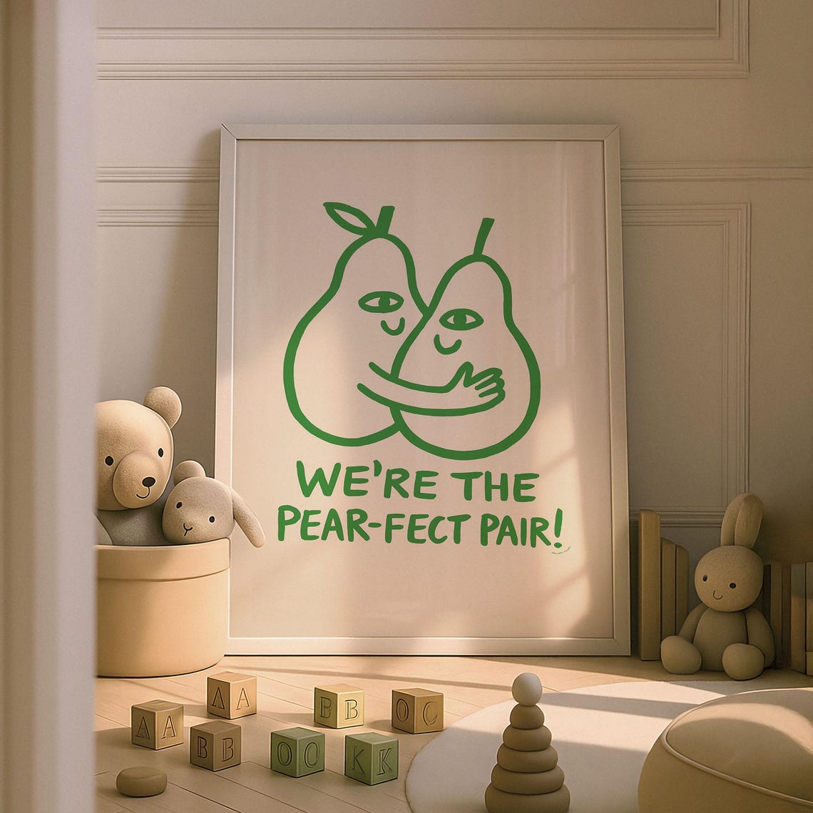 Pear-Fect Pair Hugging Pears Nursery Poster Funny Fruit Pun Wall Decor