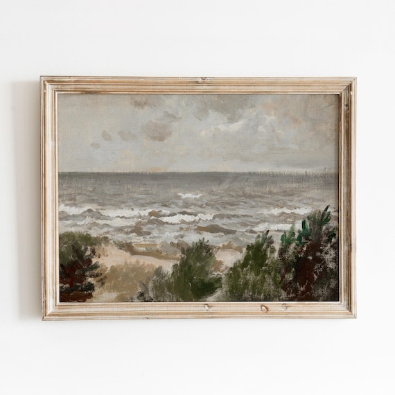 Windy Day Coastal Scene Choppy Waves Dune Grass Grey Sky Seascape Poster