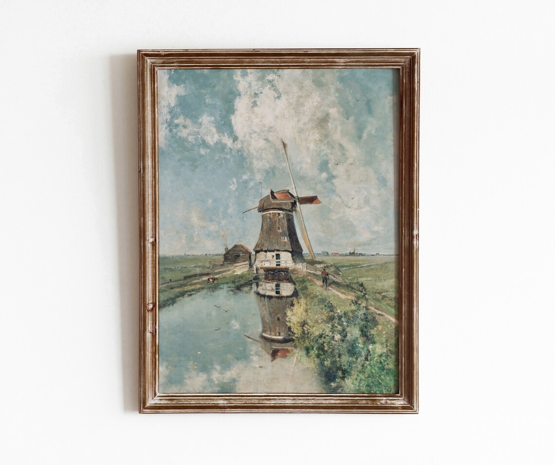 Windmill On Waterway Vintage Dutch Landscape Art Print