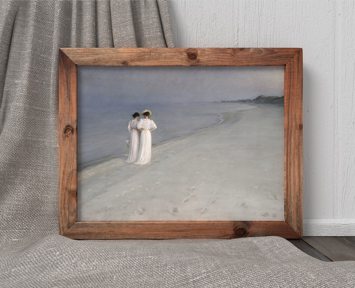 Two Victorian Ladies Evening Walk On Pale Shore At Dusk Beach Poster - Image 4