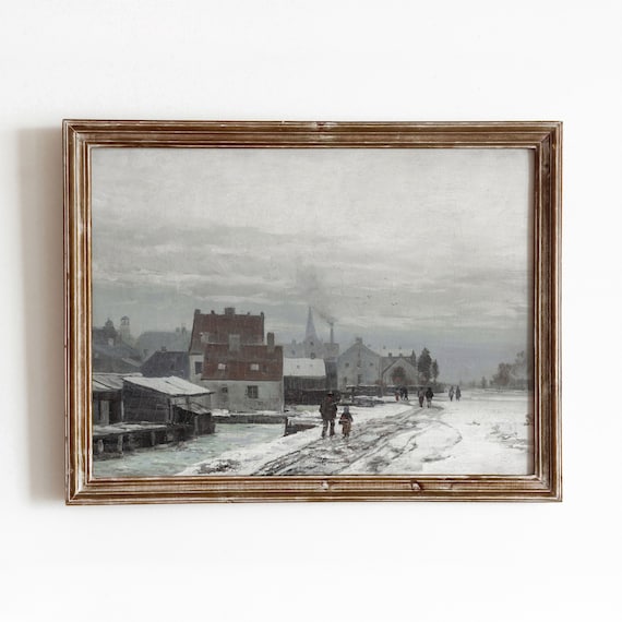 Winter Town Vintage Snow Covered Old Town Painting Moody Winter Art 446