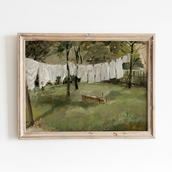 Laundry Line Vintage Farmhouse Art Print, Laundry Room