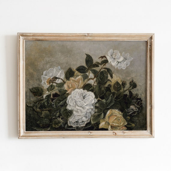 White Yellow Roses Vintage Floral Still Life Art Print