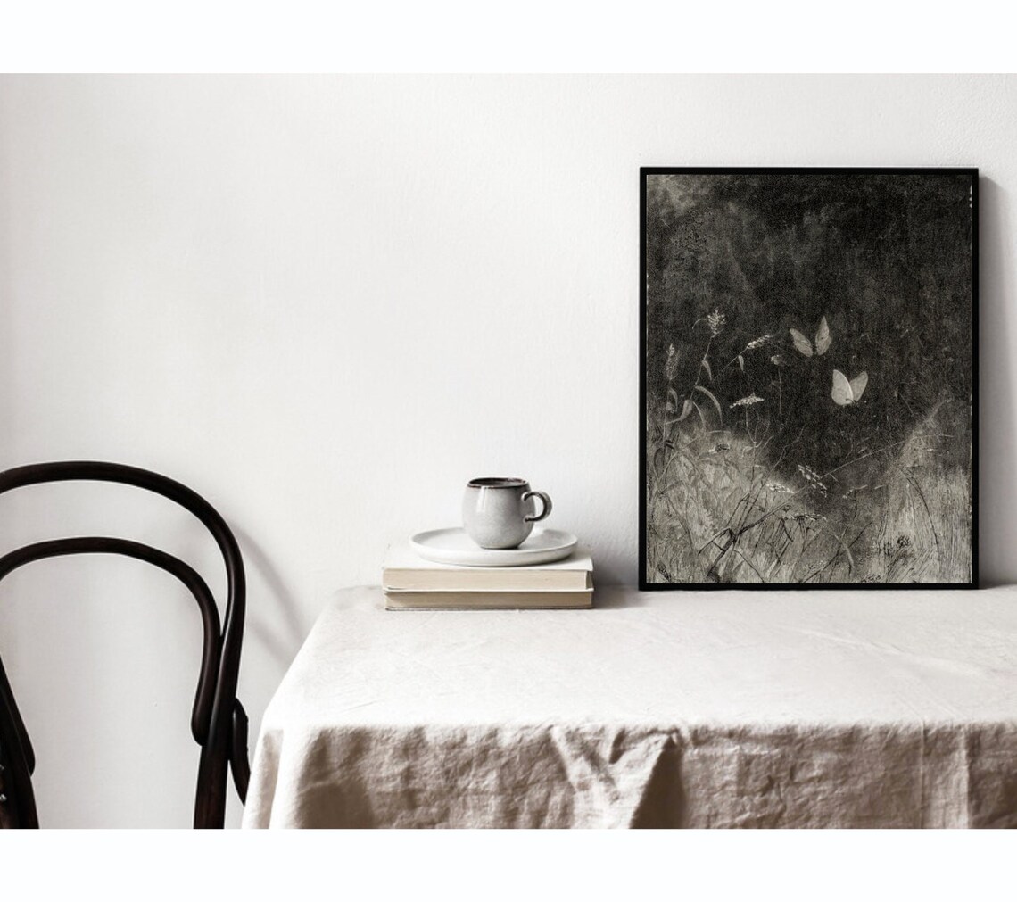 Butterfly Etching Vintage Art Print, Moody Dark - Image 3