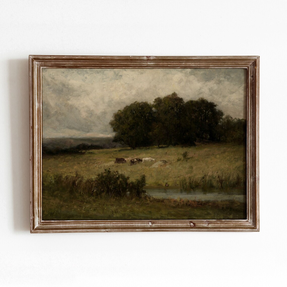 Grazing Cows Near Stream, Vintage Farmhouse Art Print