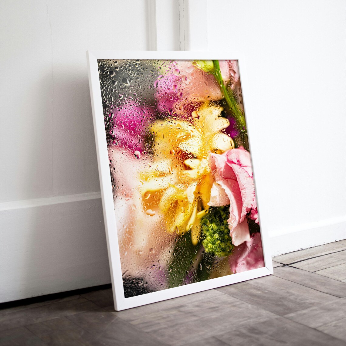 Abstract Floral Art, Vibrant Flowers Behind Rainy Glass - Image 6