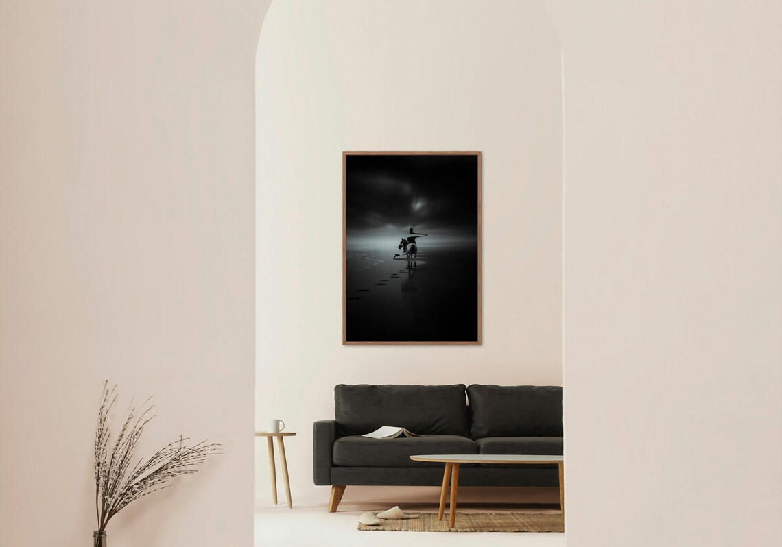 Surreal Horse Rider on a Dark Beach, Minimalist Art Print - Image 3
