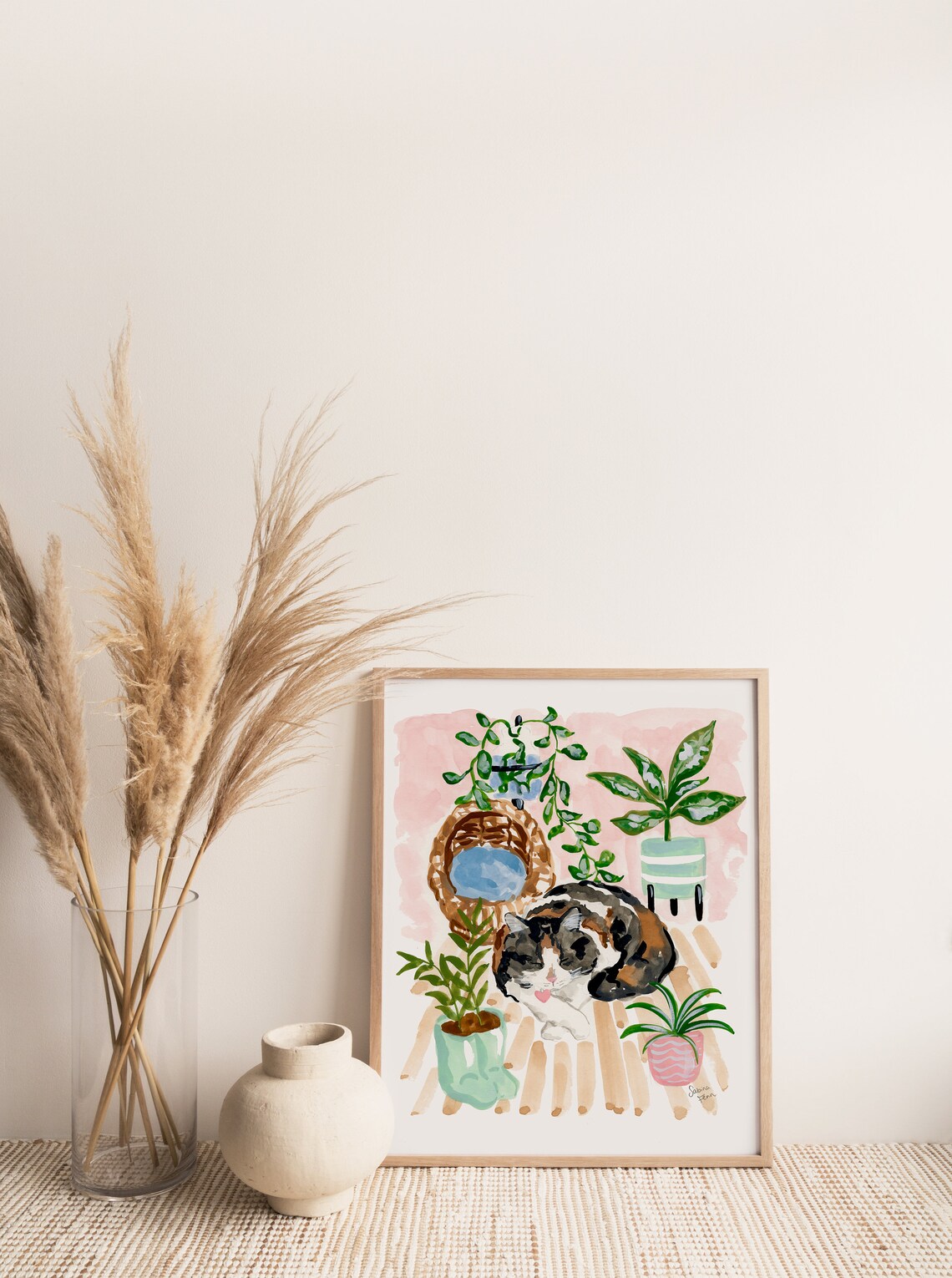 Sleeping Cat Print, Watercolor Cat and Plants - Image 3