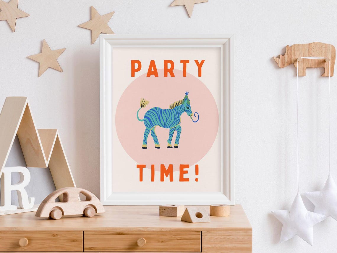 Party Time Blue Zebra Birthday Kids Celebration Room Wall Poster - Image 4