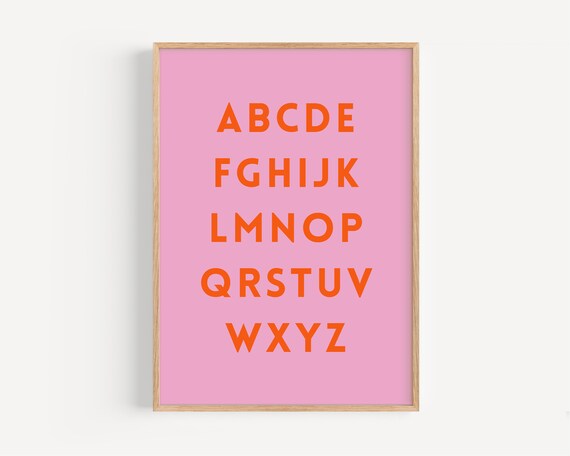 Pink Alphabet ABC Poster with Bold Orange Letters for Kids Room