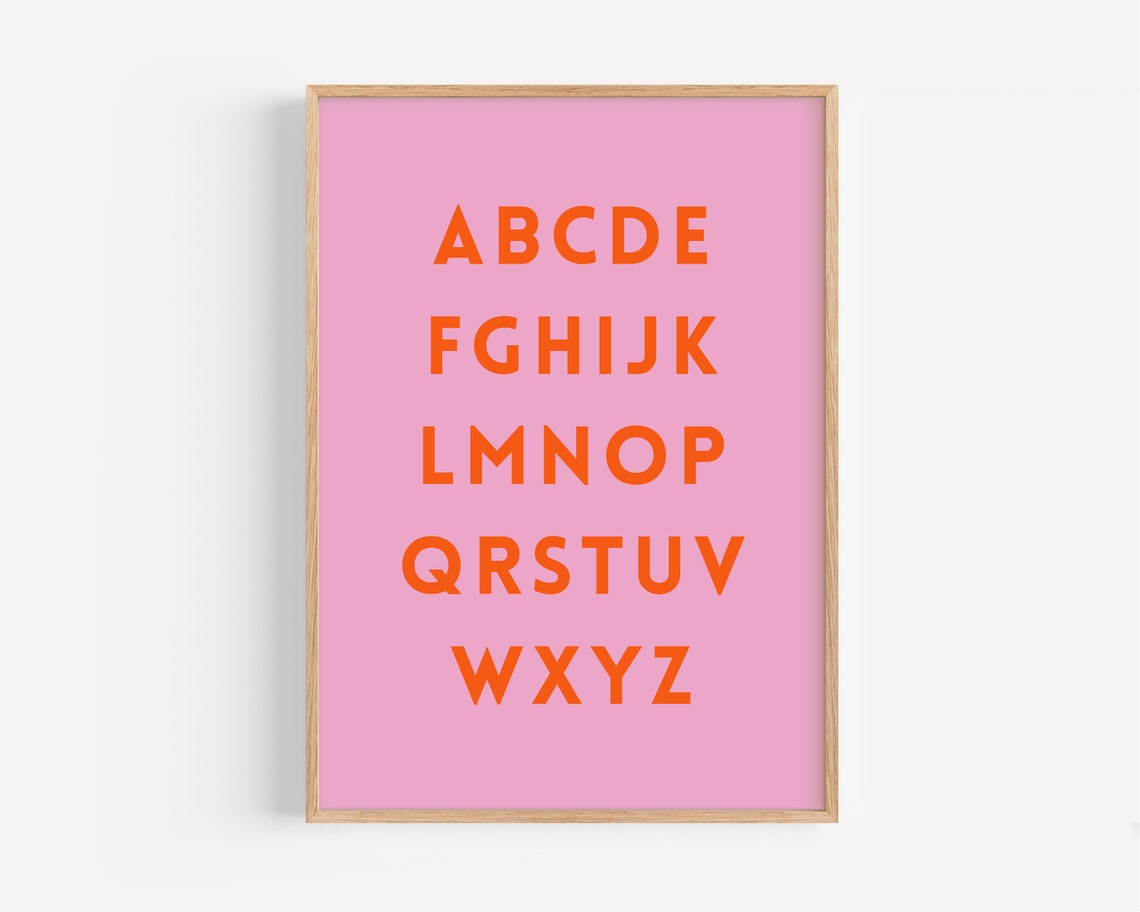 Pink Alphabet ABC Poster with Bold Orange Letters for Kids Room