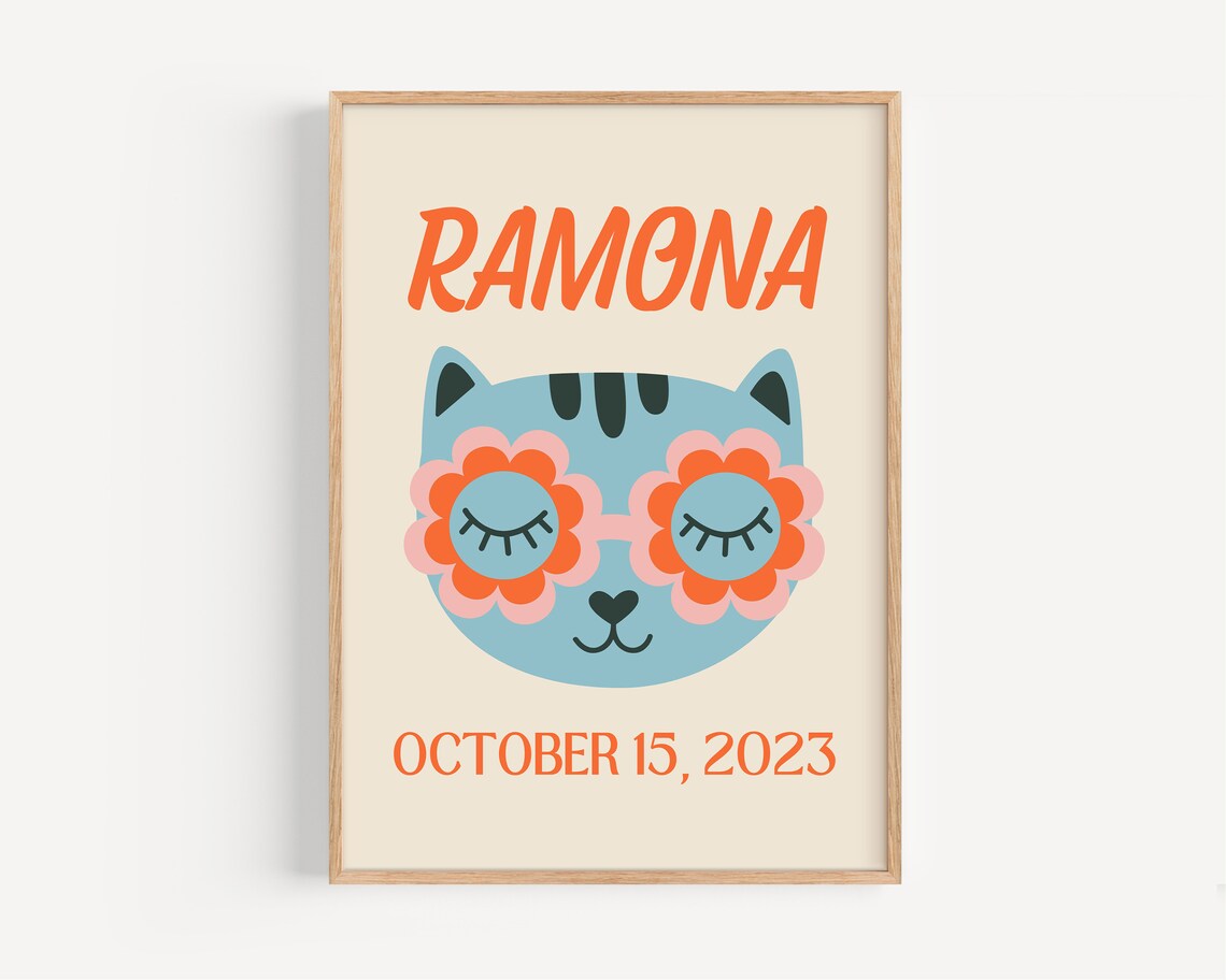 Custom Kids Name Art, Retro Blue Cat Poster