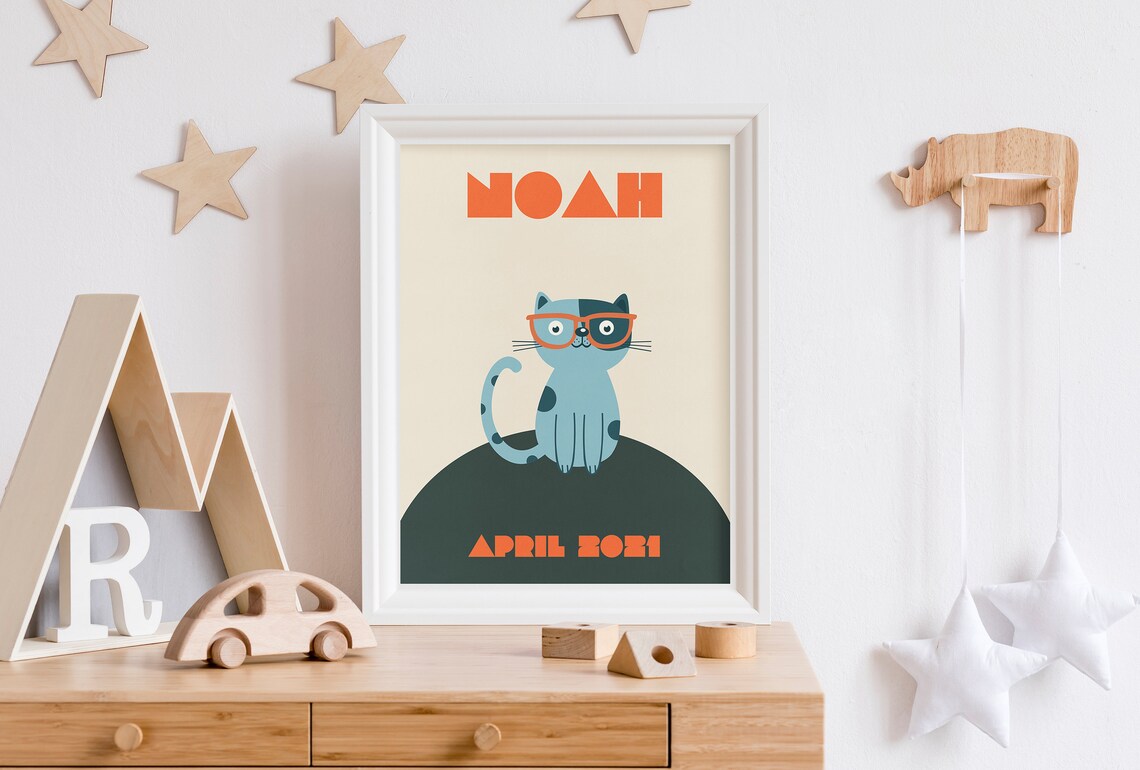 Custom Kids Name Cat Illustration, Nursery Art Print - Image 3