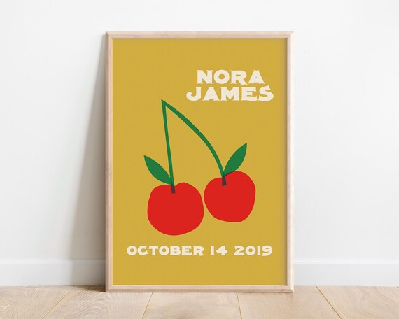 Nora James Personalized Name Birthdate Cherry Retro Art Poster