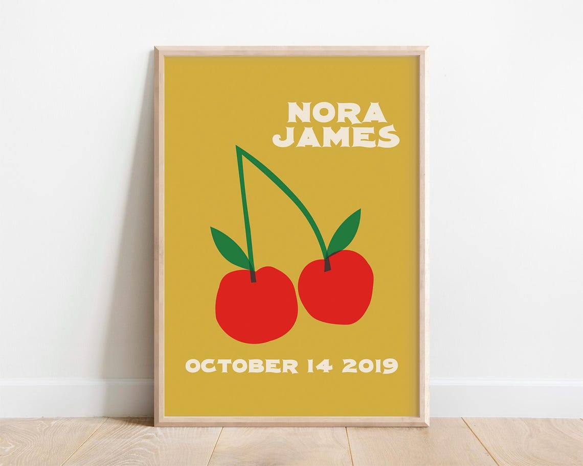 Nora James Personalized Name Birthdate Cherry Retro Art Poster