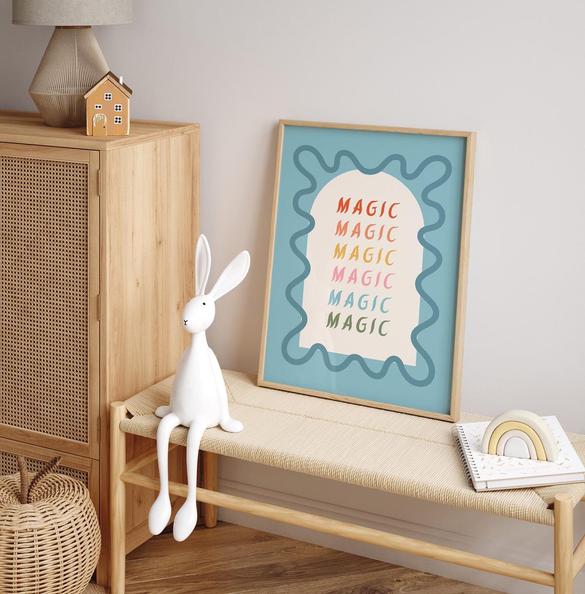 Magic Repeated Rainbow Letters Blue Wavy Frame Kids Room Poster - Image 3