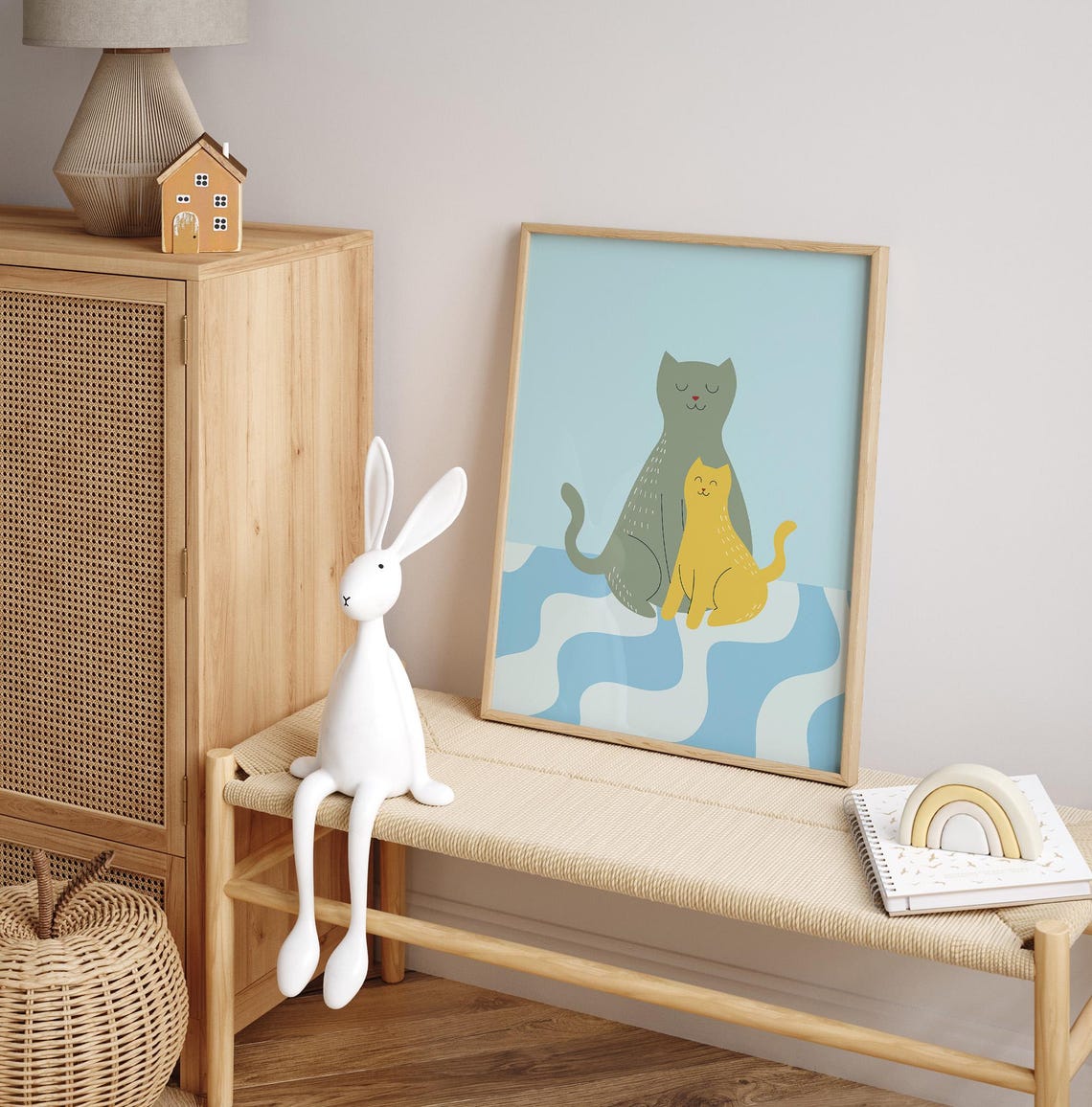 Two Cute Cats On Wavy Blue Retro Style Kids Nursery Decor Wall Art - Image 3