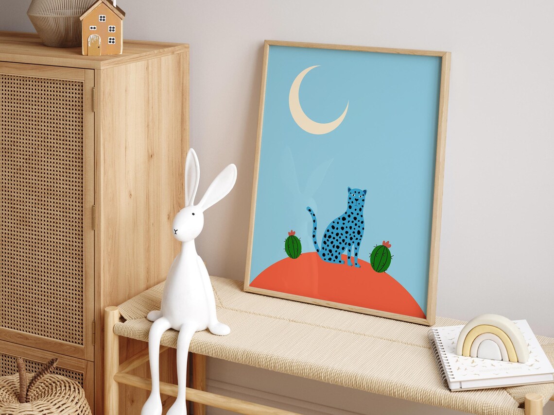 Blue Leopard Print Kids Room Poster, Retro Nursery Decor - Image 5