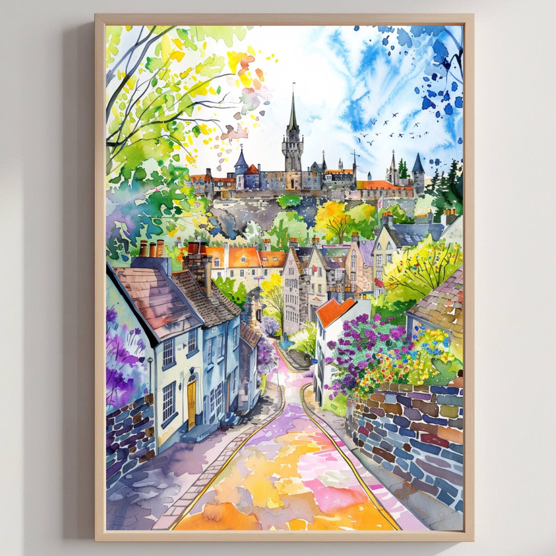 Dunfermline Scotland Watercolor Street Castle Town Travel Poster